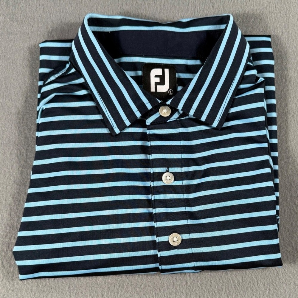 FootJoy Navy Blue Light Blue Striped Golf Polo Shirt Mens L‎ Preppy Country Club